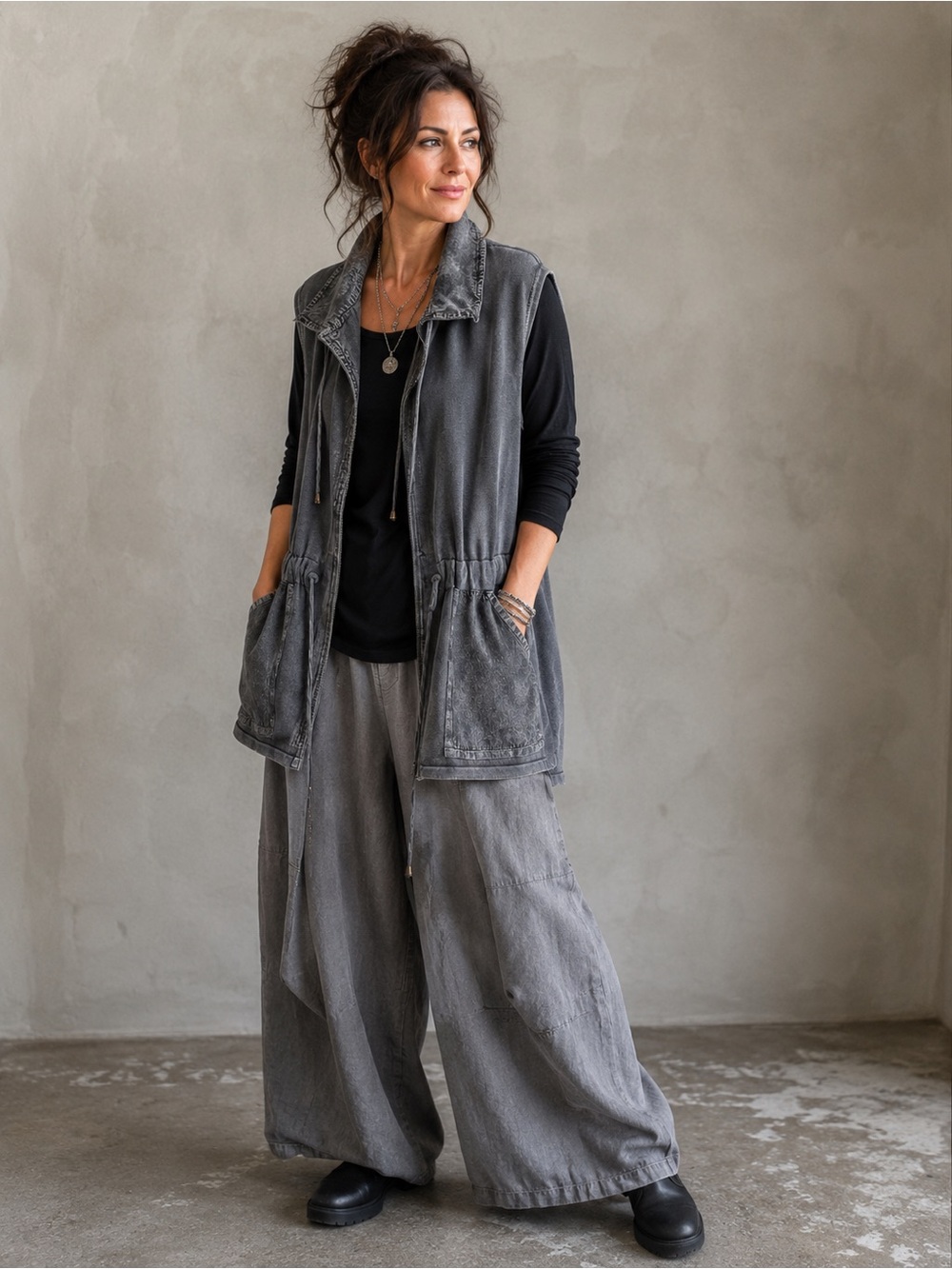 PBJ Blues Mineral Wash Knit Vest Jacket L Artsy Lagenlook Utility Boho Natural